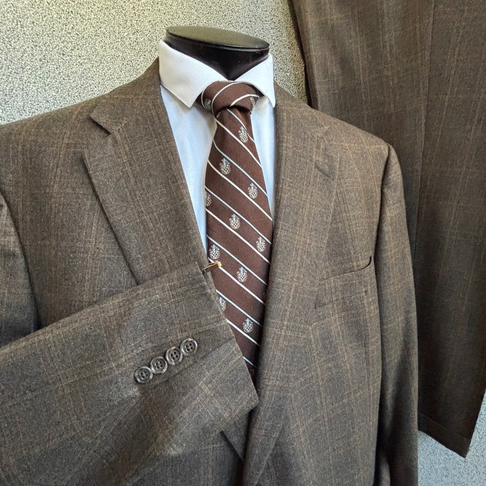 Hart Schaffner Marx Gold Suit 50L Brown Plaid Windowpane USA Academia Classic